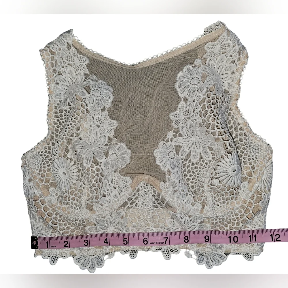 Victorias Secret Dream Angels Lace Mesh Long Line Bra Neutral Floral Boho Sz 32D - Picture 6 of 16